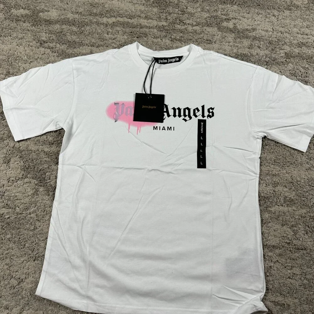 Palm Angels Pink Graffiti Miami White T-Shirt Size Large